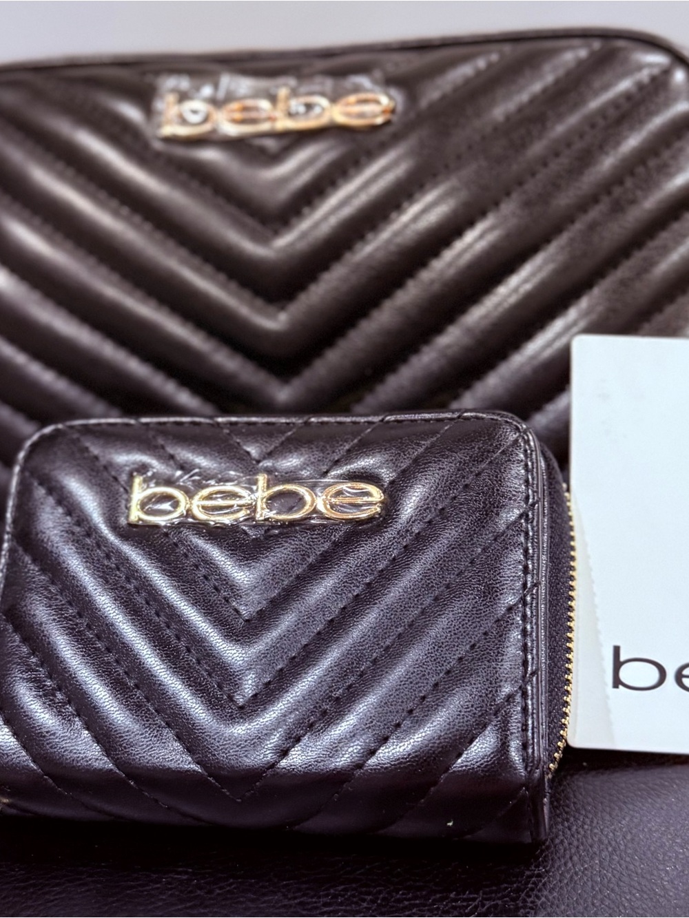 bebe Black Quilted Leather Camera Bag and Zip Card Case with Gold Logo